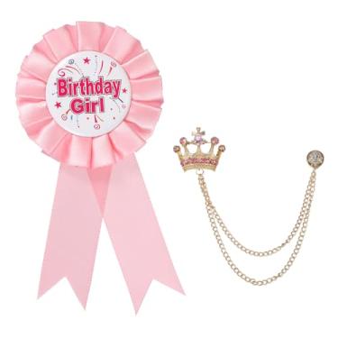 Imagem de PATIKIL Broche de botão de mulher de aniversário, alfinetes de crachá de fita de prêmio de tecido de cetim e broche de corrente pendurada em coroa para decoração de festa de aniversário, One Size