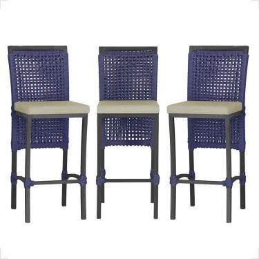Imagem de 3 Banqueta Em Alumínio Roma Preta Corda Náutica Tecido 7 Azul
