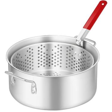 Imagem de Fire Riot Frigideira de alumínio 10QT com alça de fácil aderência – Fritadeira durável de grau alimentício ao ar livre com cesta de filtro perfurada para frutos do mar e fritar frangos