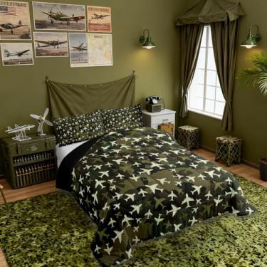 Imagem de Conjunto de edredom infantil de avião, tamanho Queen, camuflado, aeronave ocidental, decoração de quarto de meninas, meninos, edredom camuflado, aviação, conjunto de edredom verde exército, 2 fronhas