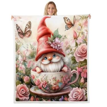 Imagem de Cobertor de flanela de gnomo de desenho animado para meninos e meninas, cobertor felpudo botânico de rosa rosa para todas as estações, cobertor de pelúcia de flores em aquarela macio para cama quente
