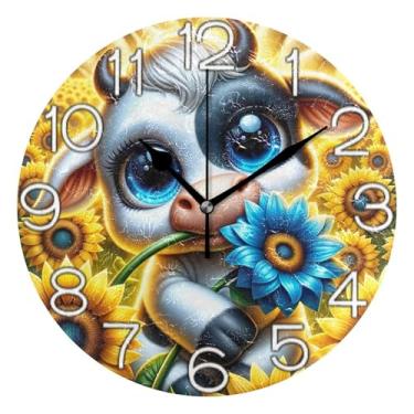 Imagem de GAIGEO Relógio de parede analógico decorativo operado por bateria relógio de cozinha rústico, arte de parede boho decoração de casa animal de vaca fofo, 25 cm, ponteiros pretos