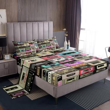 Imagem de Jogo de cama King com fita musical retrô, rádios vintage, cassete, áudio dos anos 80, decoração de cama para adolescentes e adultos, hip hop, moderno, 4 peças (elástico + plano + 2 fronhas)
