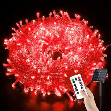Imagem de YUANHUYUOU Luzes de Natal LED, 52 m 400 luzes LED alimentadas por energia solar, 8 modos de luzes de corda de Natal à prova d'água para jardim, pátio, quintal, festa com controle remoto (vermelho)