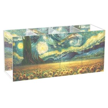 Imagem de TSENQUE Porta-lápis floral personalizado para mesa, girassóis, noite estrelada, artes, marcadores, porta-lápis de acrílico, porta-canetas organizadoras