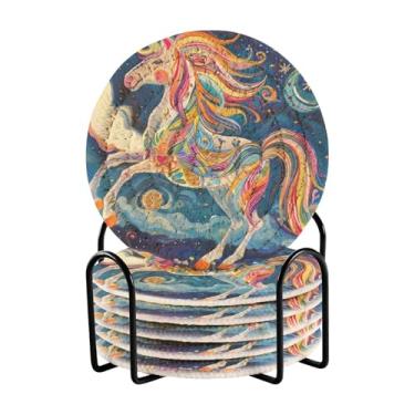 Imagem de Conjunto de 6 porta-copos de unicórnio arco-íris com rack de armazenamento preto, 10 cm de diâmetro, porta-copos decorativos