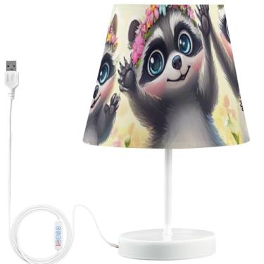 Imagem de TSENQUE Candeeiros de mesa modernos personalizados com estampa floral, lâmpadas USB para mesas noturnas, lâmpadas LED reguláveis para quarto de crianças, estéticas, fofas, guaxinins, flores