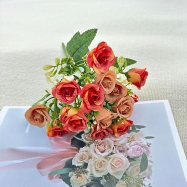 Imagem de Mini buquê de rosas artificiais - flores falsas realistas para decoração de sala de estar, pequeno arranjo floral portátil (laranja)