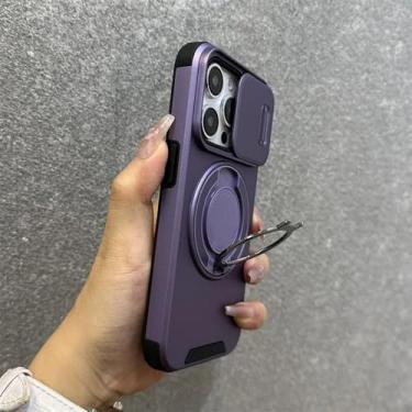 Imagem de Capa com suporte de anel giratório e cordão para iPhone 16, 15 Pro Max, 14 Plus, 11, 13, 12, alça de pulso, capa deslizante para câmera, roxa, para iPhone 14 Pro