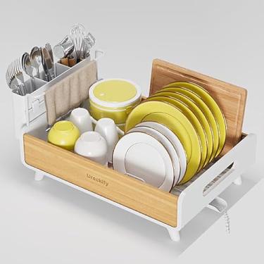 Imagem de Urackify Escorredor de pratos para balcão de cozinha – Escorredor de pratos de aço inoxidável e bambu, escorredor de pratos de cozinha com suporte grande removível, escorredor de pratos com dreno