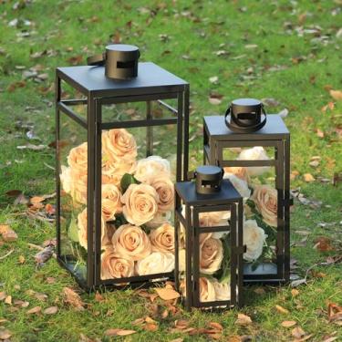 Imagem de NEEDOMO Lanternas de aço inoxidável decorativas externas e internas, conjunto de 3 lanternas externas para varanda, 63,5 cm/49,5 cm/38,1 cm, inoxidável com vidro, casa de fazenda à prova d'água, pátio