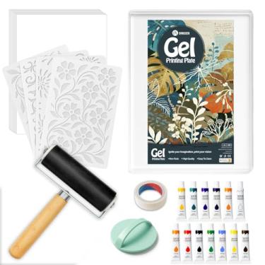 Imagem de DINGSEN Kit de almofada de impressão em gel - placa de gel reutilizável para monoimpressão, estampagem e arte de textura, inclui mini pincel de rolo, tintas de aquarela (tamanho: 12,7 x 17,8 cm)
