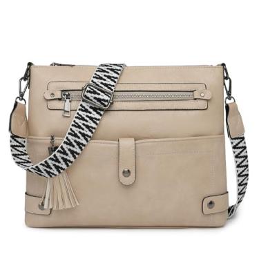 Imagem de Mfinesun Bolsas transversais grandes para mulheres, bolsa de ombro casual de couro com vários bolsos com borla e alça ajustável, Bege, Medium, Crossbody/Ombro/Linguiça/Bolsa