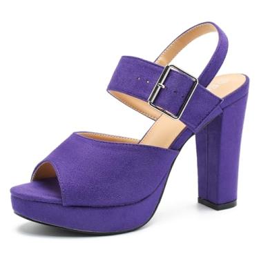 Imagem de Enelauge Sandália feminina plataforma de salto alto grossa peep toe tira no tornozelo fivela salto bloco vestido noiva casamento festa noite sapatos, Camurça roxa, 42