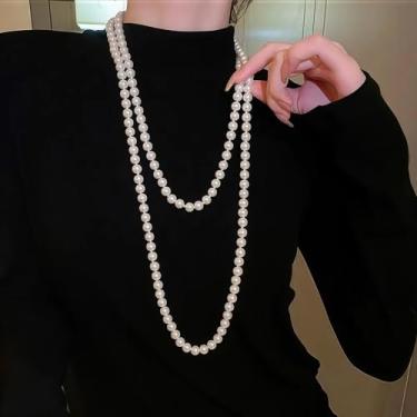 Imagem de Gargantilha de pérolas longas em camadas para mulheres, colar de pérolas de plástico sintético de 150 cm, 8 mm, elegante fio de pérola falsa para casamento e festa de Halloween