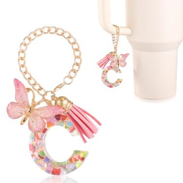 Imagem de Acessórios de copo com pingente de letra, decoração de copo de alfabeto fofo com alça de caneca corrente de decoração com borboleta para Stanley Tumblers mulheres meninas presente (C)