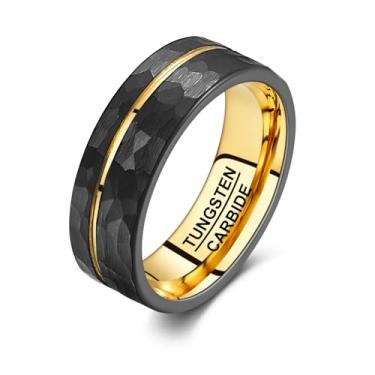 Imagem de Vakki Anéis de tungstênio de 8 mm para homens, alianças de casamento masculinas pretas marteladas, acabamento fosco, ouro 18 K, com sulcos laterais, noivado de compromisso, fosco escovado, ajuste