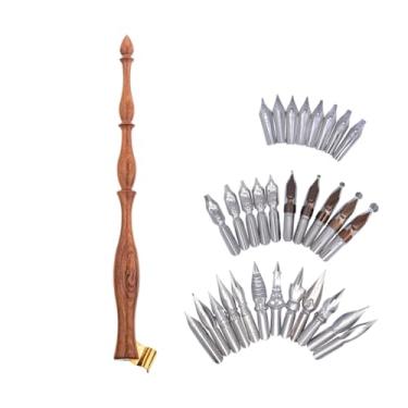 Imagem de SIPLIV Conjunto de porta-canetas oblíquas de caligrafia de madeira, cabo de manga com 30 pontas de aço inoxidável para desenho de caligrafia inglesa, estilo C