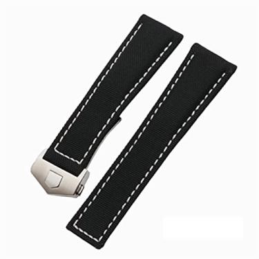 Imagem de HSPTR Pulseiras de relógio de lona e couro de nylon de 20 mm, 22 mm, fivela dobrada, preta, para Tag Heuer CARRERA AQUARACER Series Watch Band Replace(preto e branco, prata, 20 mm)