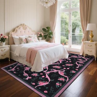 Imagem de GarveeHome Tapetes Coquette rosa e preto para quarto de meninas, 22 x 30 cm para sala de estar com pelo baixo macio, tapete lavável com laço floral antiderrapante, 22 x 30 cm, para berçário, sala de