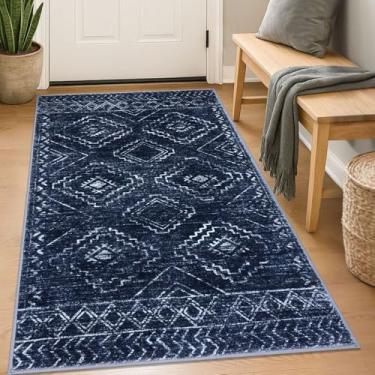 Imagem de KILOCOCO Tapete de entrada Boho 7,5 x 12,5 cm, lavável, antiderrapante, estampado, macio para cozinha, sala de estar, sala de jantar, quarto, tapete marroquino geométrico, azul escuro