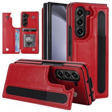 Imagem de Capa carteira para Samsung Galaxy Z Fold 7 com suporte para cartão e compartimento para caneta, capa de telefone resistente de couro dobrável de luxo com fecho magnético (vermelho)