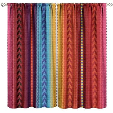 Imagem de Cortina mexicana, tecido listrado colorido mexicano, cortinas de design étnico, quarto, sala de estar, bolso para varão, tratamento de janela, conjunto de 2 painéis, tamanho total 132 cm L x 213 cm C