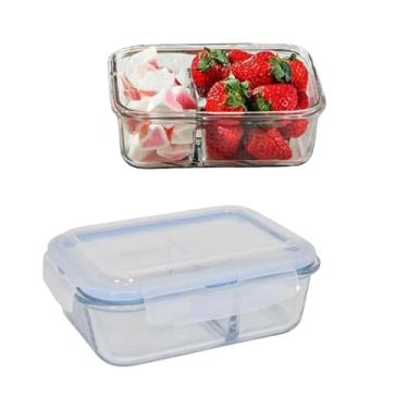 Imagem de Pote Hermético Retangular com Divisória em Vidro Borossilicato, 1040ml, Transparente com Tampa Azul, 20x15x7cm, Resistente a Micro-ondas e Freezer