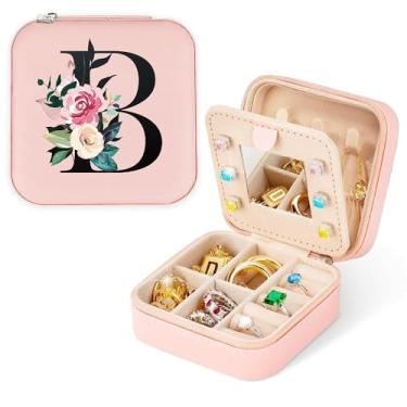 Imagem de Caixa de joias de viagem, presentes para mulheres, brinco, caixa de joias, presentes de Natal para irmãs, pulseira organizadora, caixa de anel, pequeno pino com espelho, rosa, letra B