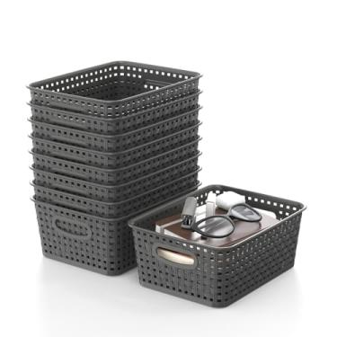 Imagem de Pacote com 9 cestos de tecelagem, caixa de armazenamento aberta de plástico estilo vime, cinza - organizador decorativo multiuso para área de lavanderia, prateleiras, armários, despensas, salas de
