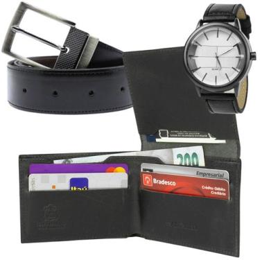 Imagem de Carteira Masculina Porta Cartão Cnh De Couro + Cinto Masculino Fivela 