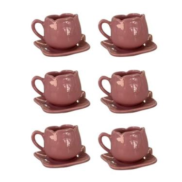 Imagem de Xícaras Chá 200 ML Tulipa Pires Café Leite Cozinha Branco Decoração Sofisticação Delicado(ROSA)