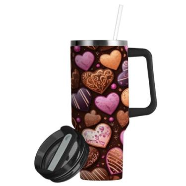 Imagem de ATTX Copo de coração de chocolate de 850 g com alça, copo de aço inoxidável a vácuo de parede dupla com palha, caneca de café de viagem isolada #291