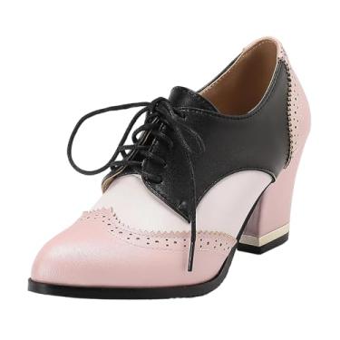 Imagem de Salto alto feminino, versátil, colorido, bloqueado, à prova d'água, sola grossa, estilo britânico, casual, casual, cabedal de poliuretano, lazer, outono, inverno, rosa, 36