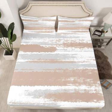 Imagem de jejeloiu Jogo de lençol casal cinza e branco cáqui, listrado, para meninos, meninas, adolescentes, geométrico, respirável, microfibra macia, bolso profundo, 3 peças, geométrico, decoração de quarto