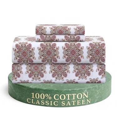 Imagem de Feather & Stitch Conjunto de lençóis 300 fios King Size 100% algodão cetim estampado, conjunto de lençóis de cama refrescantes e respiráveis, 4 peças de 40,6 cm bolsos profundos elásticos, qualidade