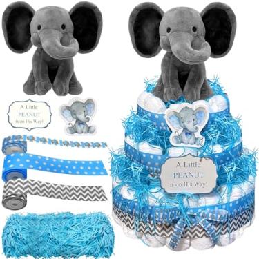 Imagem de Conjunto de decoração de bolo de fralda de elefante para bebê, enfeite de bolo de fralda, inclui fita de gorgorão de elefante bebê, elefante de pelúcia, cartões de revelação de gênero, ráfia
