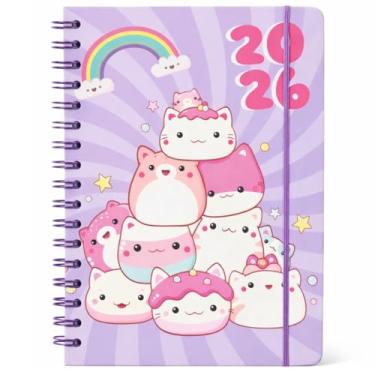 Imagem de Agenda 2026 Espiral Capa Dura com Estampa de Gatinhos Glitter e Elástico Planner Diário 19 x14 cm (Roxa Arco-Íris)