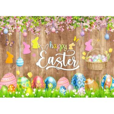 Imagem de DePhoto Pano de fundo para fotografia de parede de madeira rústica de 2,8 x 1,8 m com ovos coloridos flores rosa grama coelho coelho para festa de Páscoa, banner, adereços de cabine de fotos
