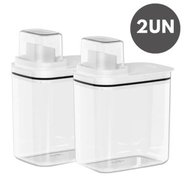 Imagem de Kit 2 Dispenser Porta Sabão Líquido em Pó Sabonete Organizador Lavanderia Acrílico Multiuso 1,5L Linha Flow OU Martiplast Branco