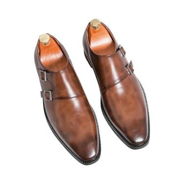 Imagem de Sapatos Monk De Couro Retro Masculinos Com Bico Fino E Fivela, Confort