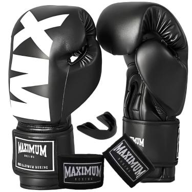 Imagem de Kit Luva de Boxe Muay Thai Kickboxing MXM Preto + Bandagem 3m + Protetor Bucal - Maximum-Unissex