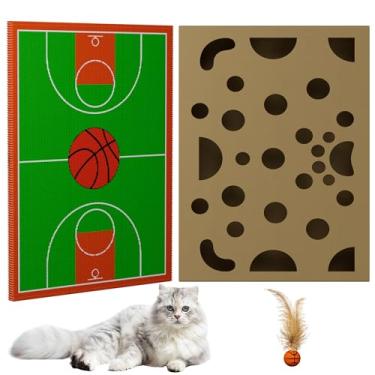 Imagem de Prancha arranhadora para gatos – Design de campo esportivo de basquete com bola elástica, furos de esconde-esconde e caixa de jogo interativa para gatos em ambientes internos
