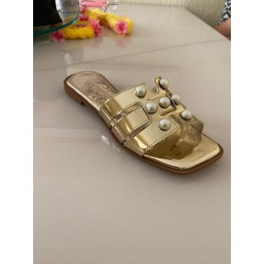 Imagem de Sandália Rasteira Feminina Slide H Luxo com Detalhes Dourados ou Perol