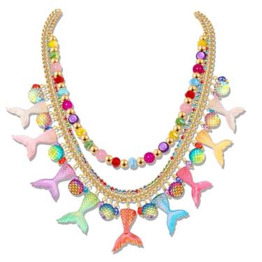 Imagem de HSWE Colar feminino com cauda de sereia em camadas com glitter, oceano, mar, sereia, escama de peixe, contas de cristal, berloques, gargantilhas, para verão, praia, aniversário, festa, festa, presente