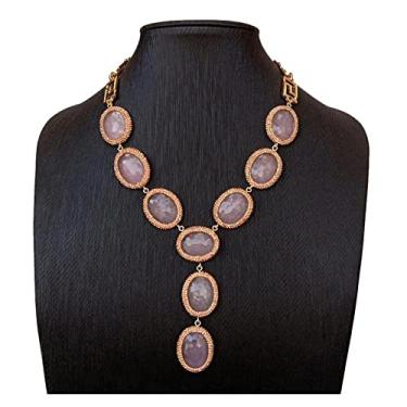 Imagem de DWBPGVUN Colar de corrente banhada a ouro em formato oval de jade 48 cm