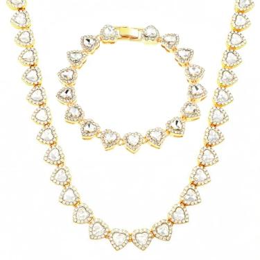 Imagem de fasone Colar de corações de strass, joias de corações gelados, colar de tênis de prata para mulheres, colar de tênis de coração, Universal size, Zinco, Sem Pedra Preciosa