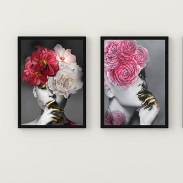 Imagem de Kit 2 Quadros Mulher/Flores Dourado 24x18cm Moldura Branca