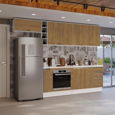 Imagem de Armário de Cozinha Completa 3 Gavetas 100% MDF 300cm Branco/Nogueira Celeste Kappesberg