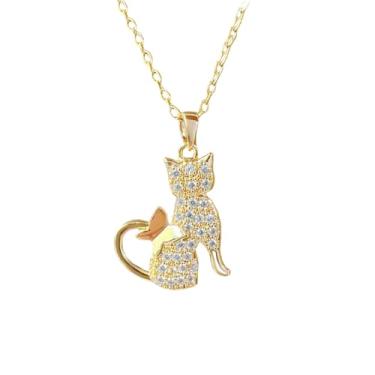 Imagem de Dtja Colar feminino com pingente de gato borboleta de cristal fofo CZ gatinho inseto colar de corrente ajustável confortável delicado aniversário feriado joia 45,7 cm, Medium, Metal, Sem Pedra